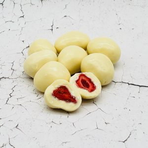 2x Yoghurt/chocolade met een kern van gevriesdroogde aardbei of framboos